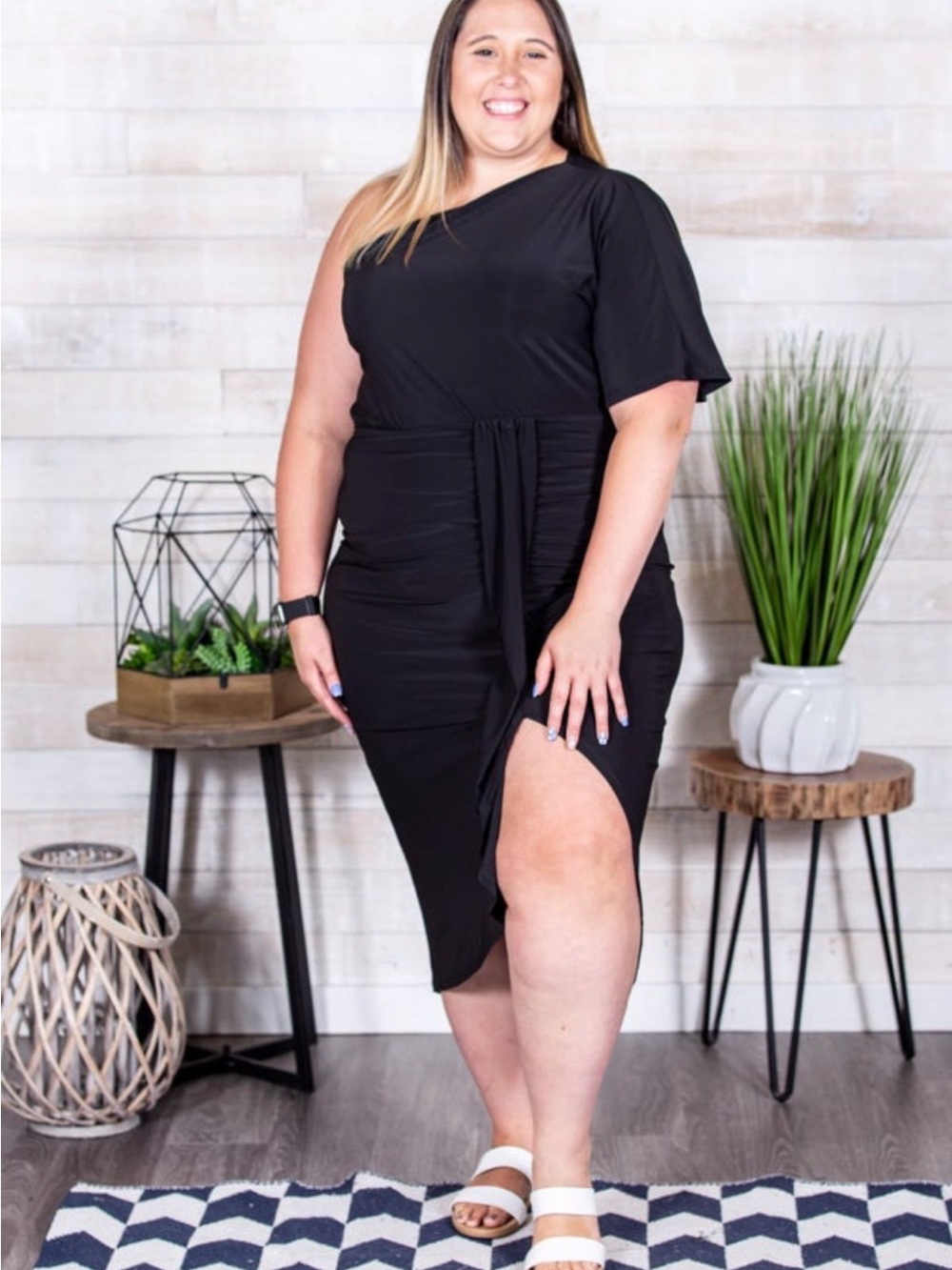 white birch Black One-Shoulder Ruched Midi Dress with Side Slit